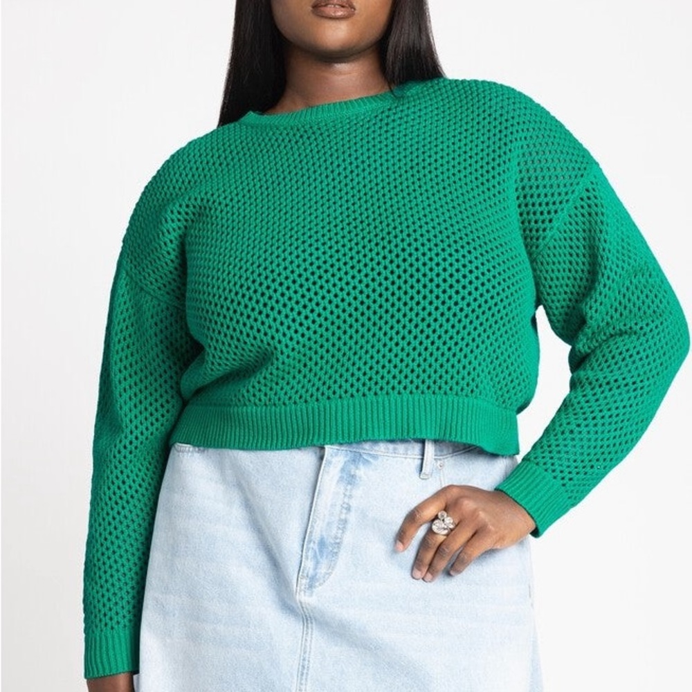 Eloquii Green Open Stitch Boxy Cropped Sweater
